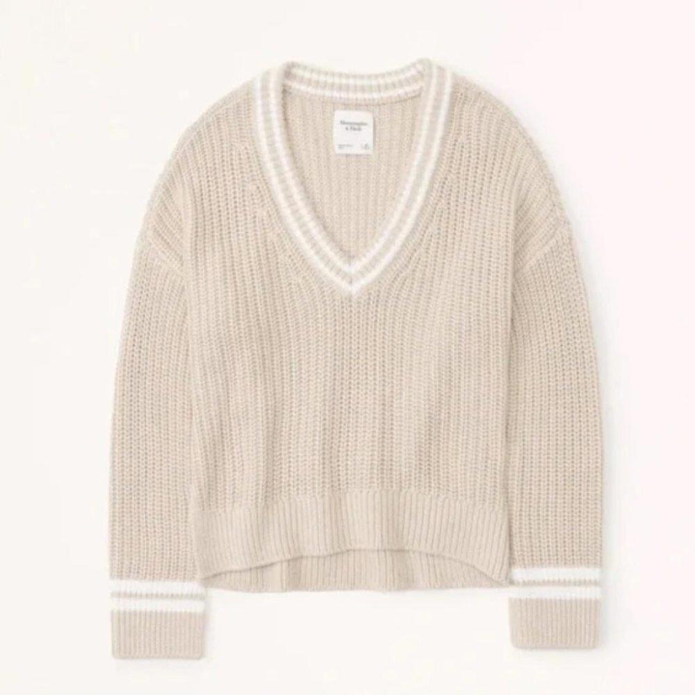Abercrombie & Fitch Easy Tipped V-Neck Sweater Tan Beige Size Small